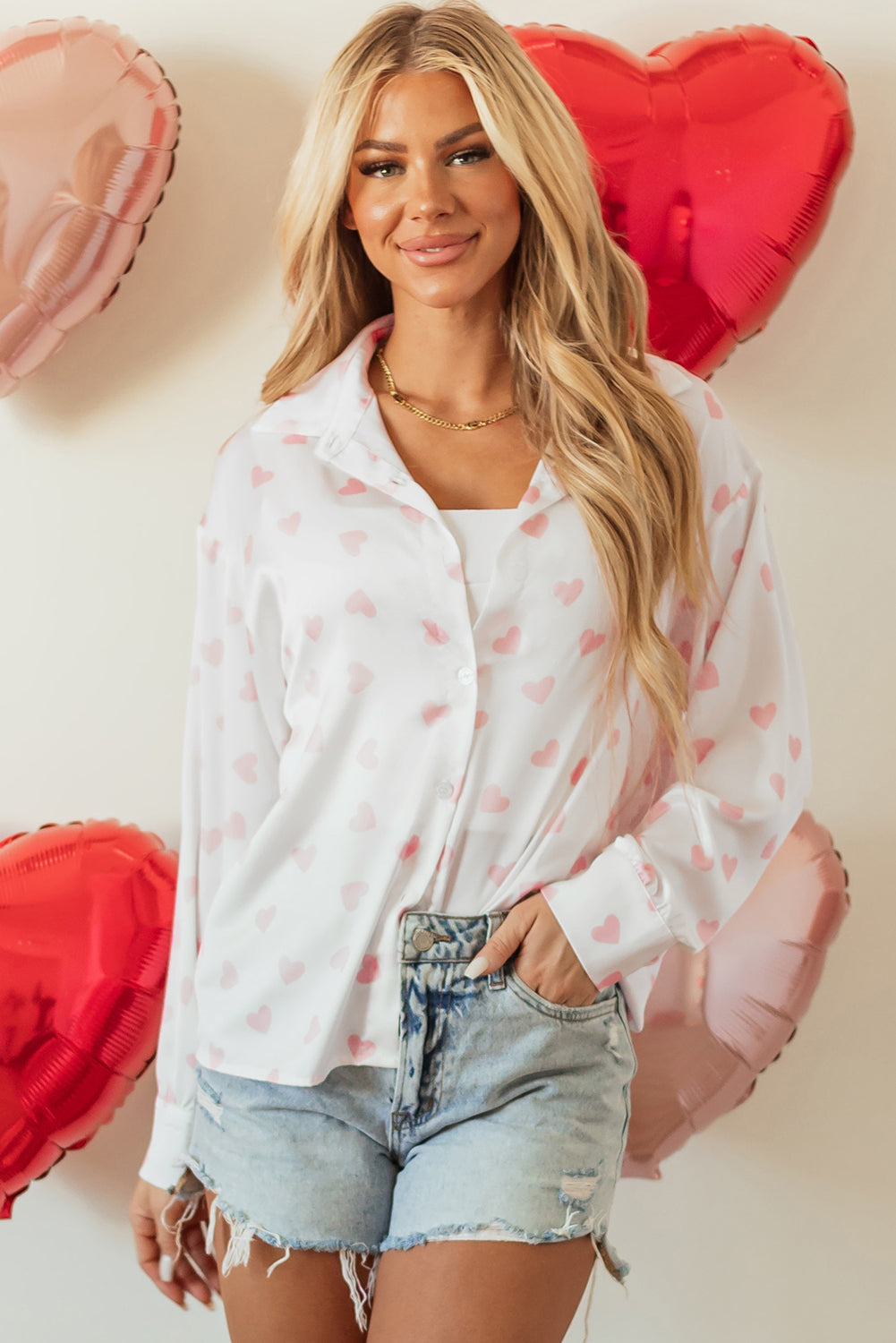 White Love Heart Print Drop Shoulder Puff Sleeve Top Kittybear Krafts