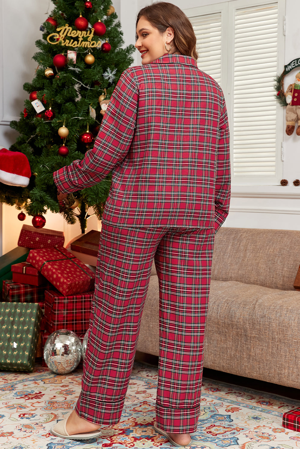 Red Plaid Printed Shirt and Pants Plus Size Loungewear Set Kittybear Krafts