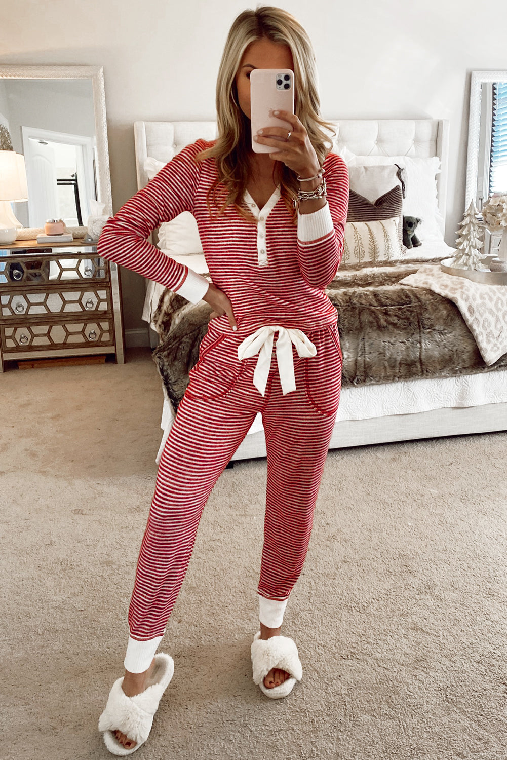 Red Stripe Buttoned V Neck Top and Knotted Waist Pants Loungewear Set Kittybear Krafts