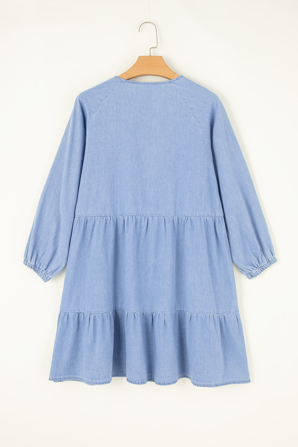 Beau Blue Puff Sleeve V Neck Tiered Ruffled Chambray Mini Dress Kittybear Krafts