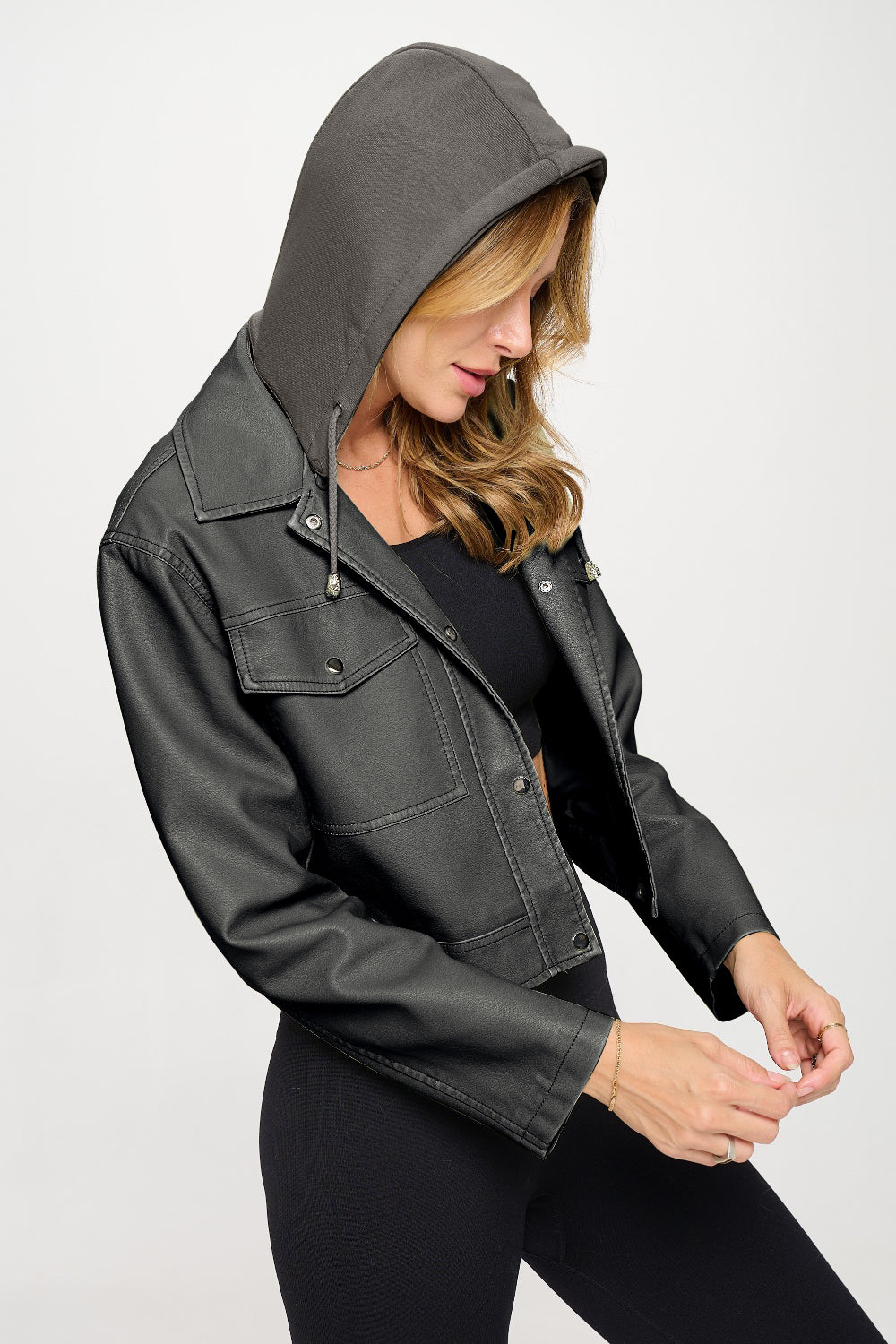 Vegan Leather Snap Down Cropped Hooded Jacket - Kittybear Krafts