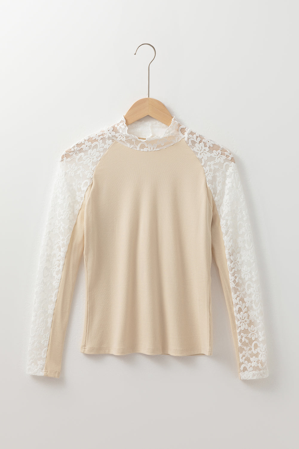 Beige Floral Lace Patchwork Long Sleeve High Neck Slim Top