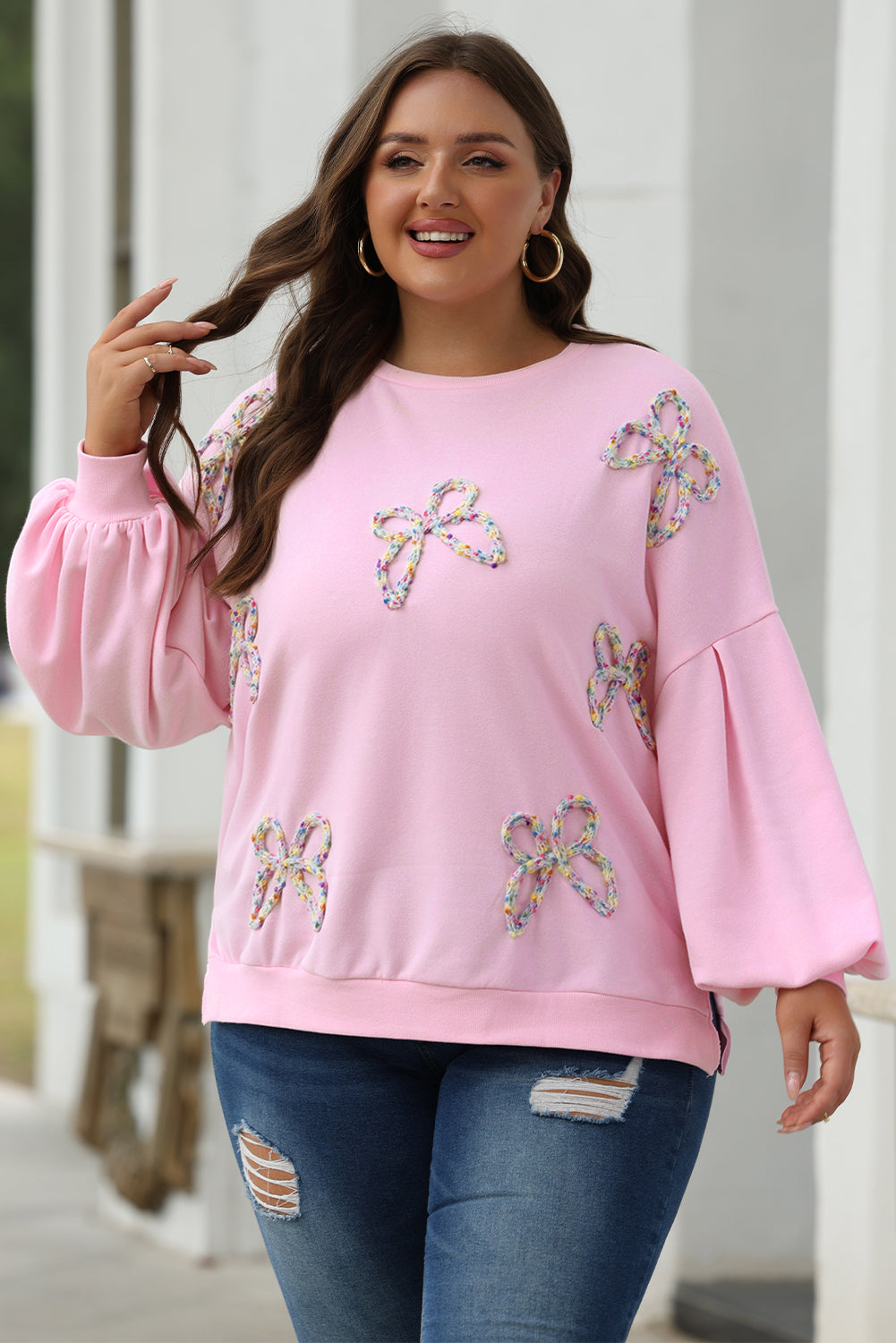 Light Pink Embroidered Bow Lantern Sleeve Oversized Pullover Sweatshirt Kittybear Krafts