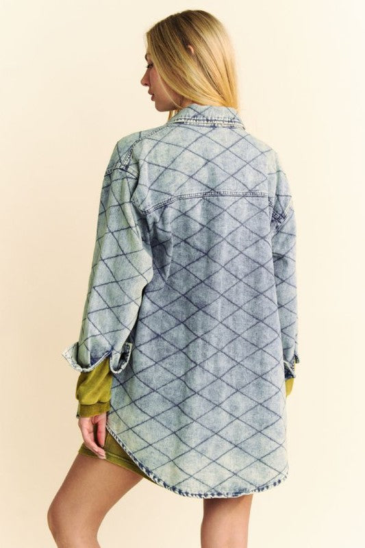 Davi & Dani Curved Hem Diamond Quilted Button Up Denim Shacket Trendsi