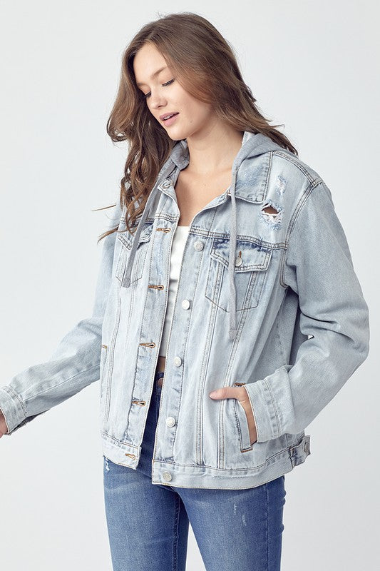 RISEN Full Size Distressed Drawstring Hooded Denim Jacket Trendsi