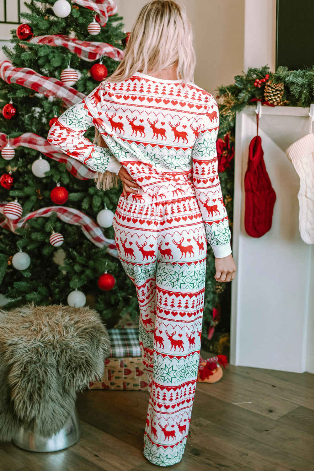 White Christmas Print Pullover Loungewear Set Kittybear Krafts