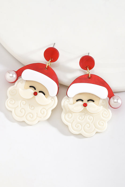 Fiery Red Bright Pearl Decor Cute Father Christmas Santa Earrings Kittybear Krafts