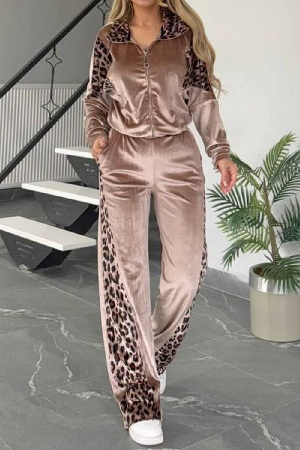 Full Size Collared Neck Leopard Zip Up Top and Pants Loungewear Set