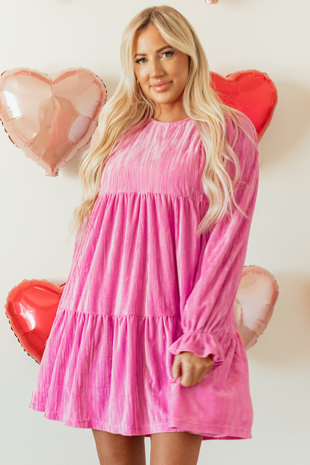 Strawberry Pink Flounce Sleeve Tiered Ruffled Velvet Mini Dress Kittybear Krafts