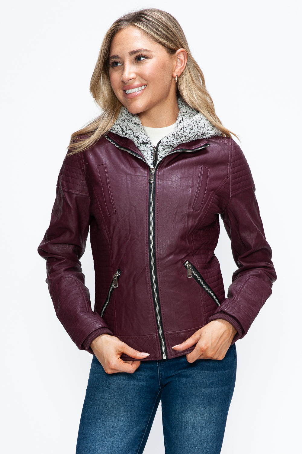 YMI Faux Layered Double-Zipper Jacket with Fuzzy Hood Trendsi