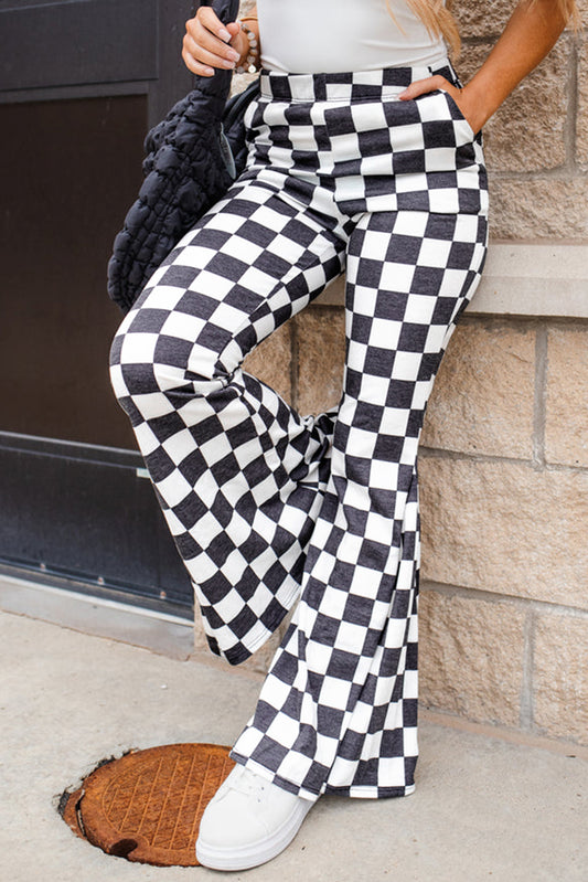 Black Checkerboard High Rise Casual Flared Pants Kittybear Krafts