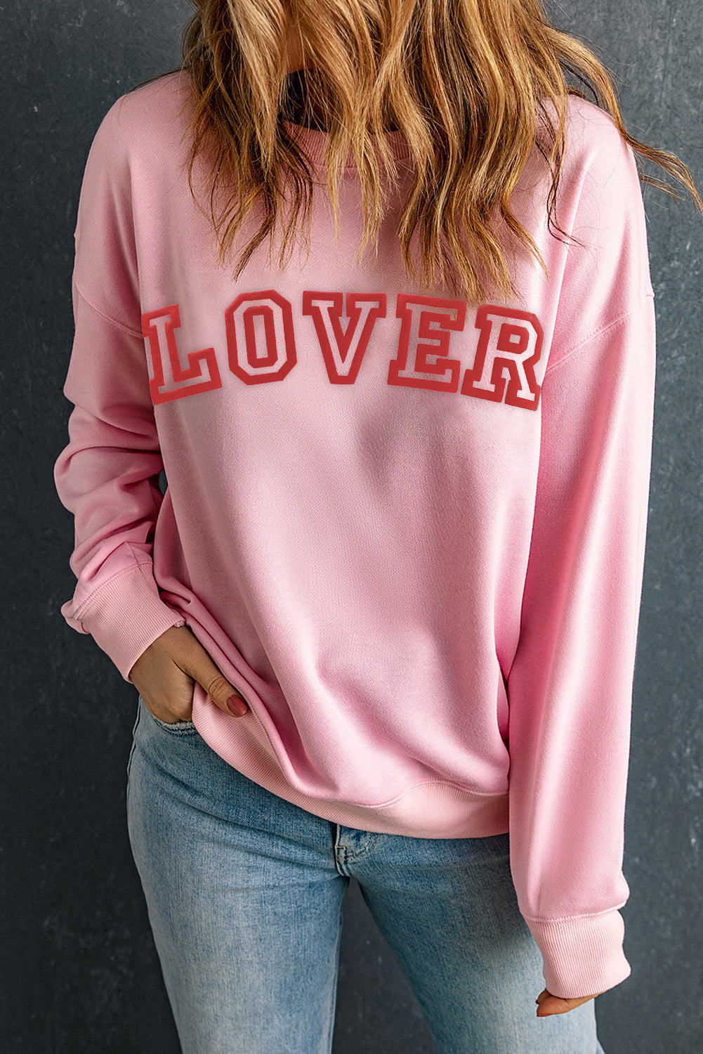 Pink LOVER Puff Print Drop Shoulder Pullover Sweatshirt Kittybear Krafts