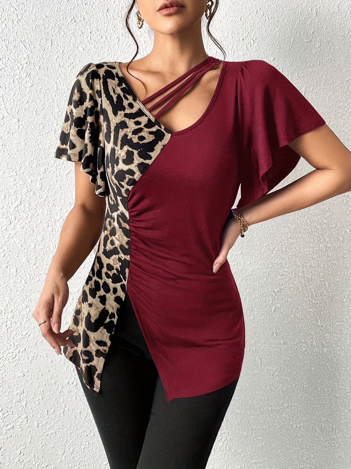 Ruched Leopard Flutter Sleeve Top