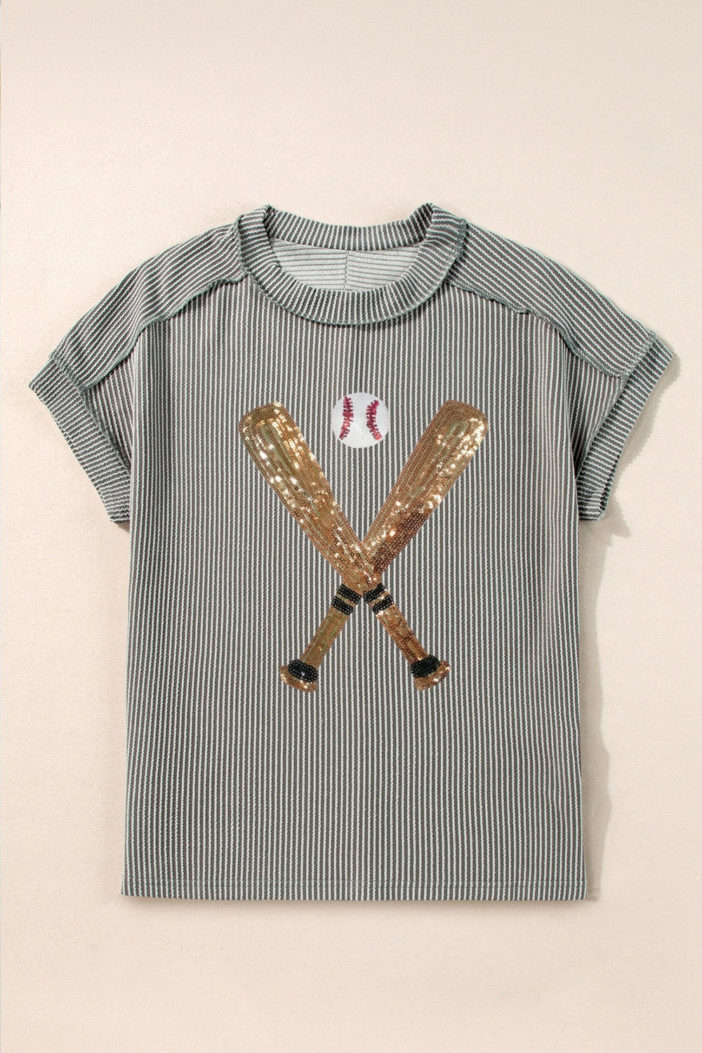 Sequin Baseball Round Neck Short Sleeve T-Shirt - Kittybear Krafts