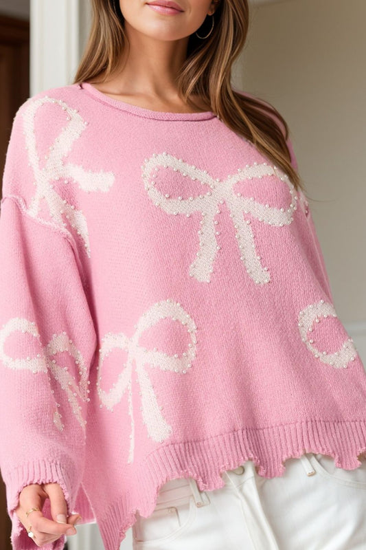 Pearl Detail Pink Bow Round Neck Long Sleeve Sweater Trendsi