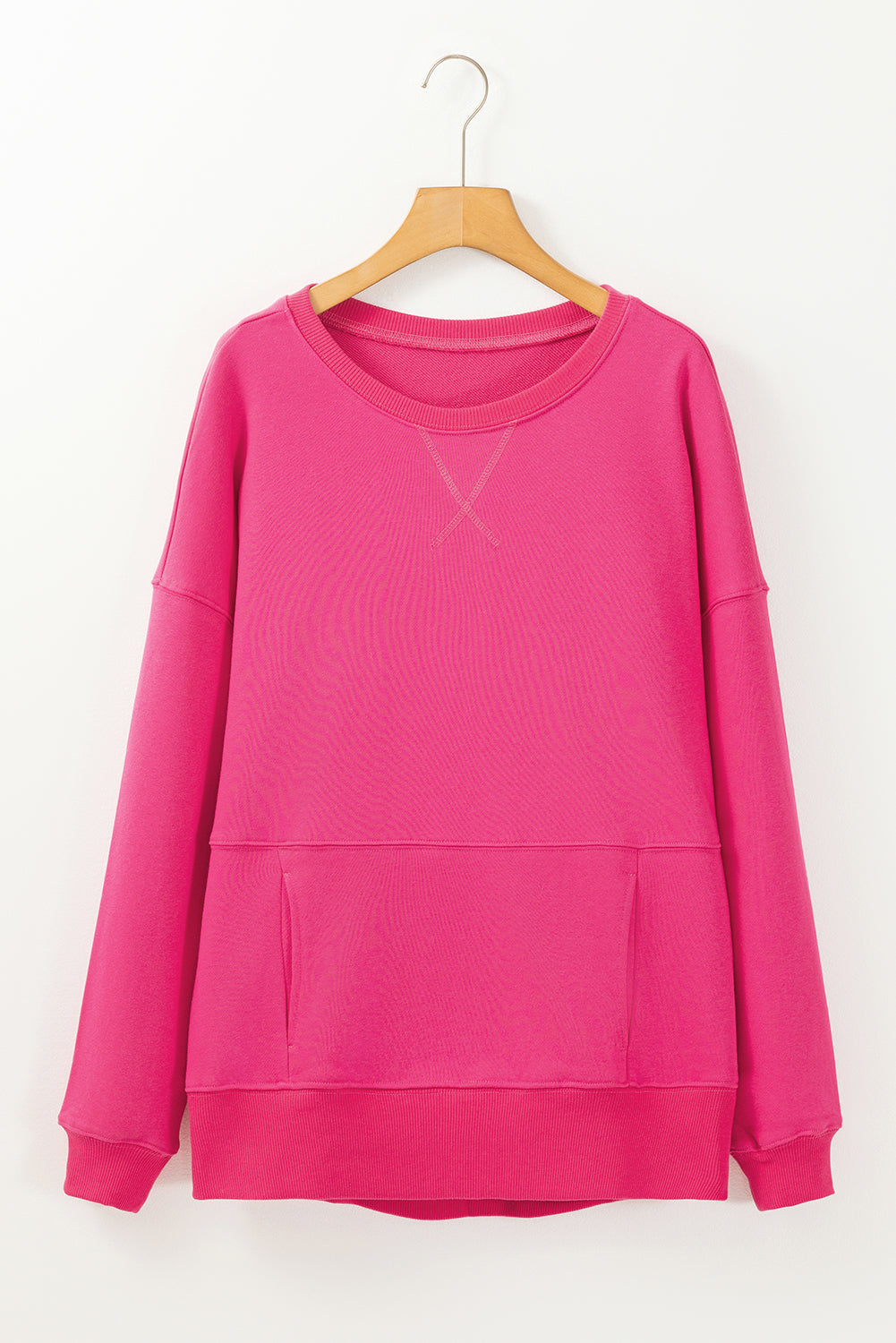 Rose Red Drop Shoulder Crisscross Stitching Pocketed Loose Sweatshirt Kittybear Krafts