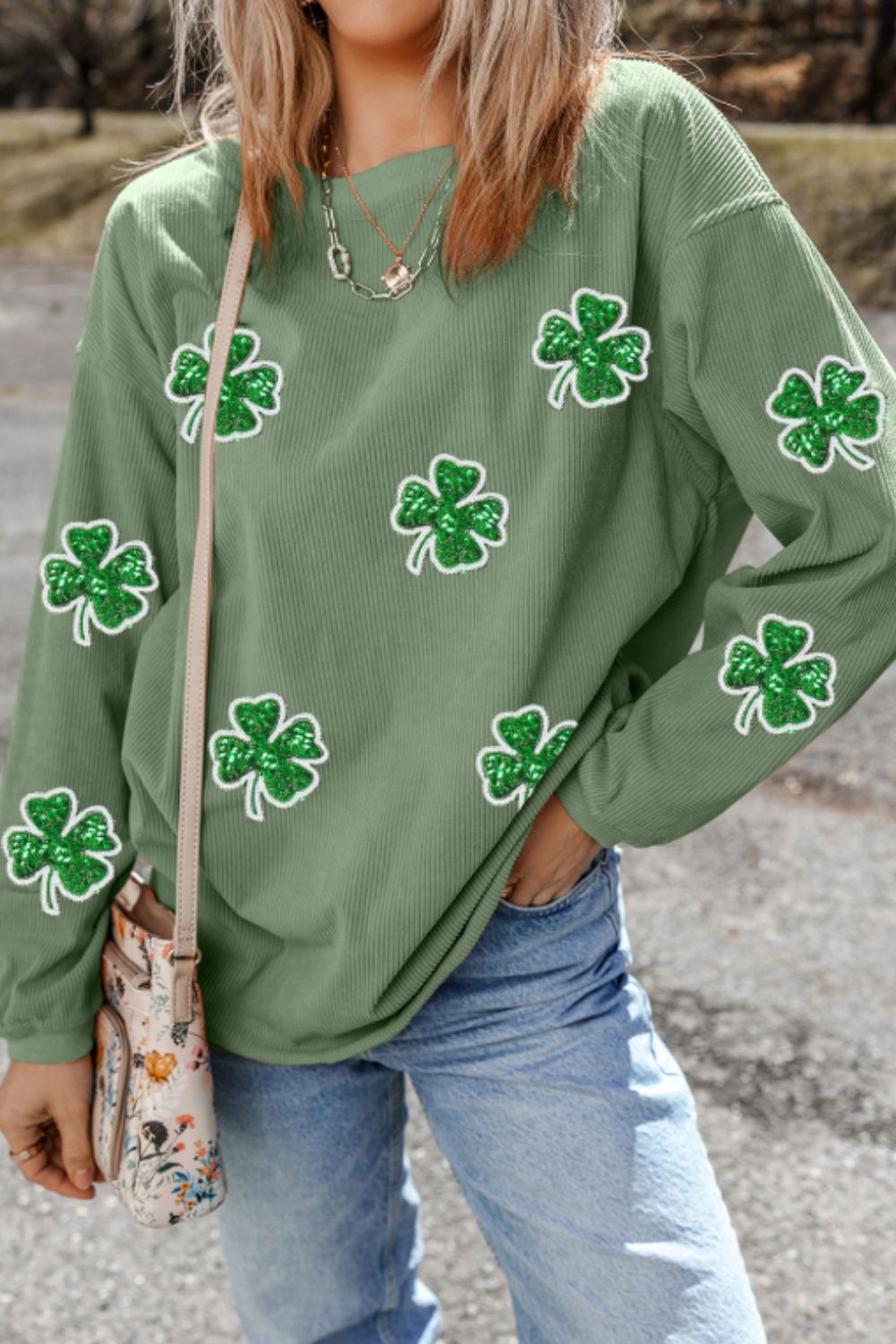 Sequin Lucky Clover St. Patrick's Day Round Neck Long Sleeve Crewneck