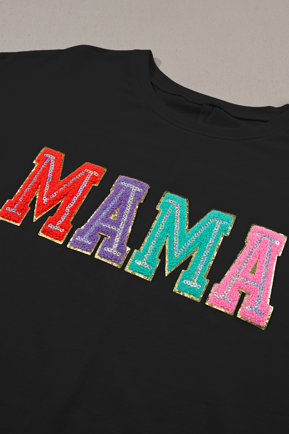 Sequin MAMA Round Neck Short Sleeve T-Shirt - Kittybear Krafts