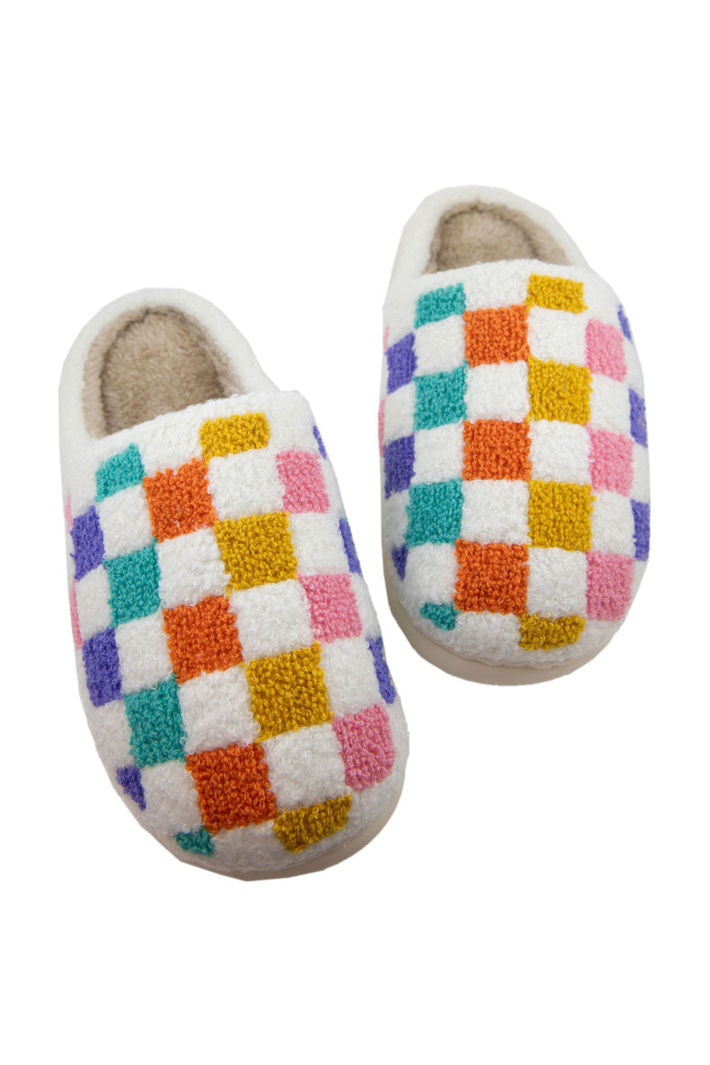 White Vibrant Checkered Plush Thermal Slippers Kittybear Krafts