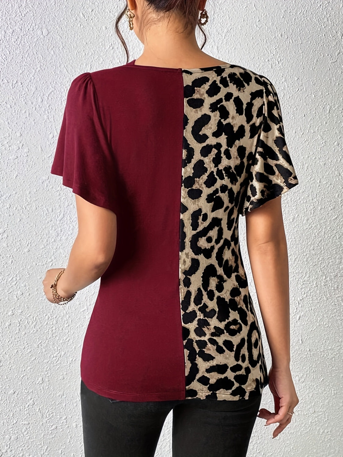 Ruched Leopard Flutter Sleeve Top