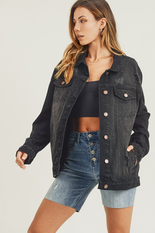 RISEN Full Size Distressed Long Sleeve Denim Jacket Trendsi