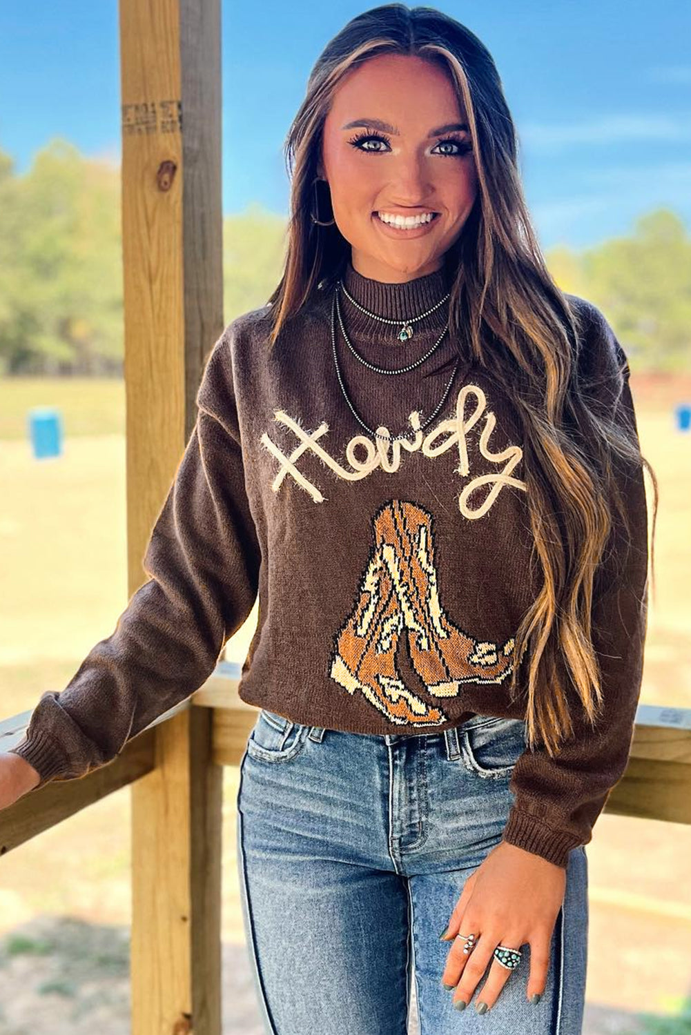 Coffee Western Howdy Boot Graphic High Neck Sweater Top Kittybear Krafts