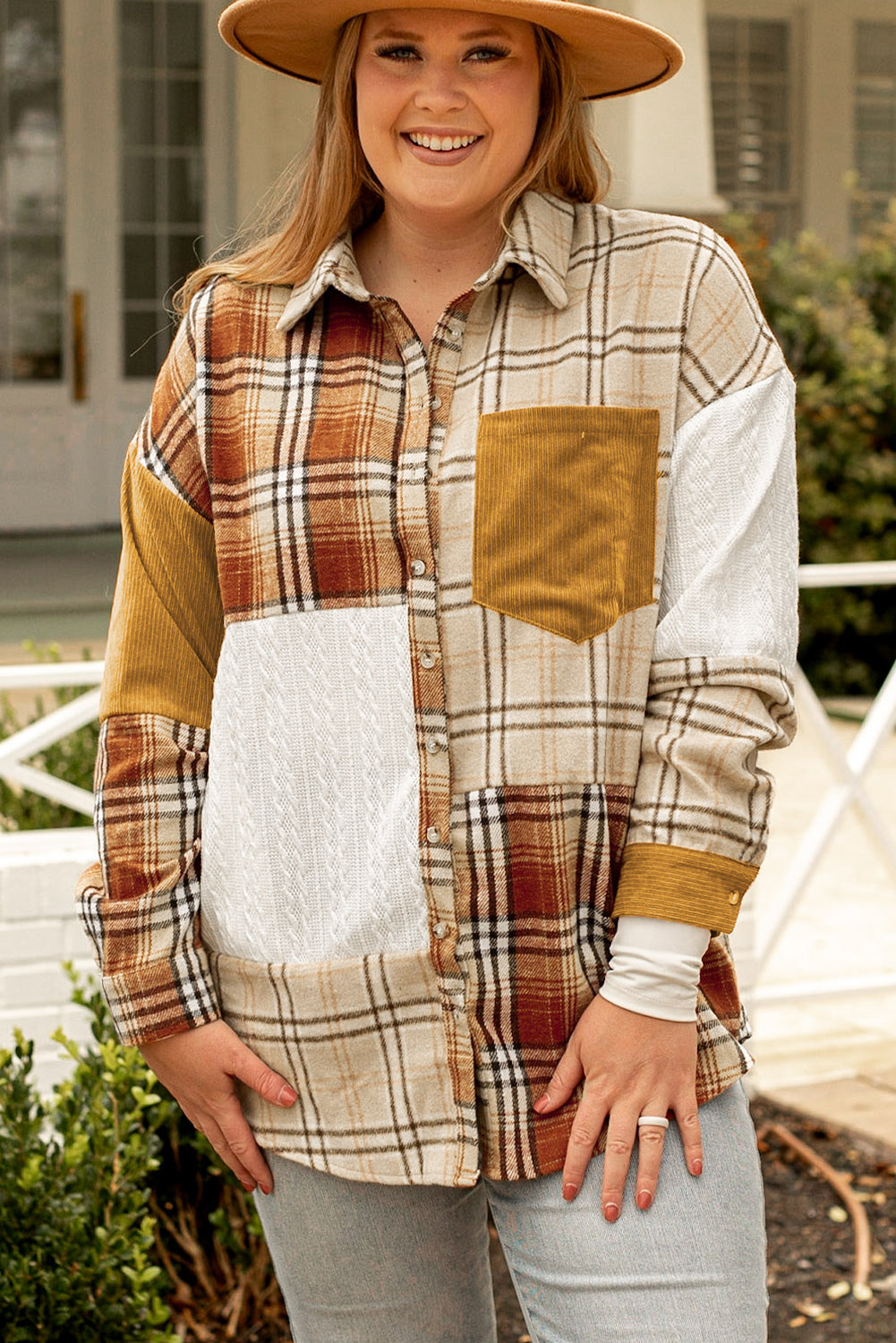 Golden Apricot Plus Size Plaid Patchwork Button up Shacket Kittybear Krafts