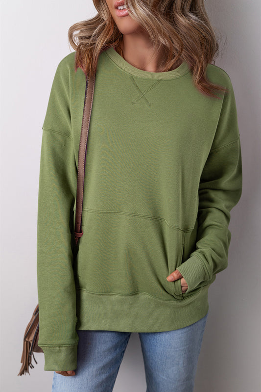 Vineyard Green Drop Shoulder Crisscross Stitching Pocketed Loose Oversized Sweatshirt Kittybear Krafts