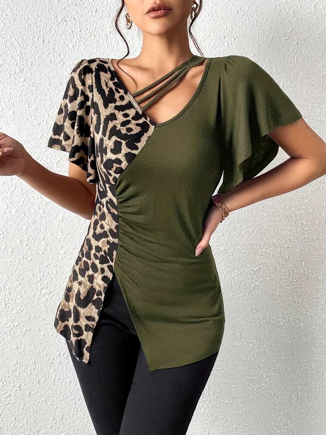 Ruched Leopard Flutter Sleeve Top