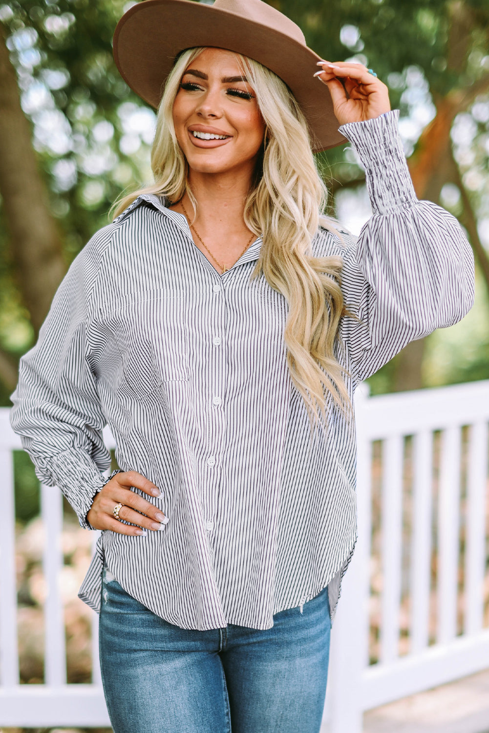 Smocked Cuffed Striped Boyfriend Shirt Top with Pocket