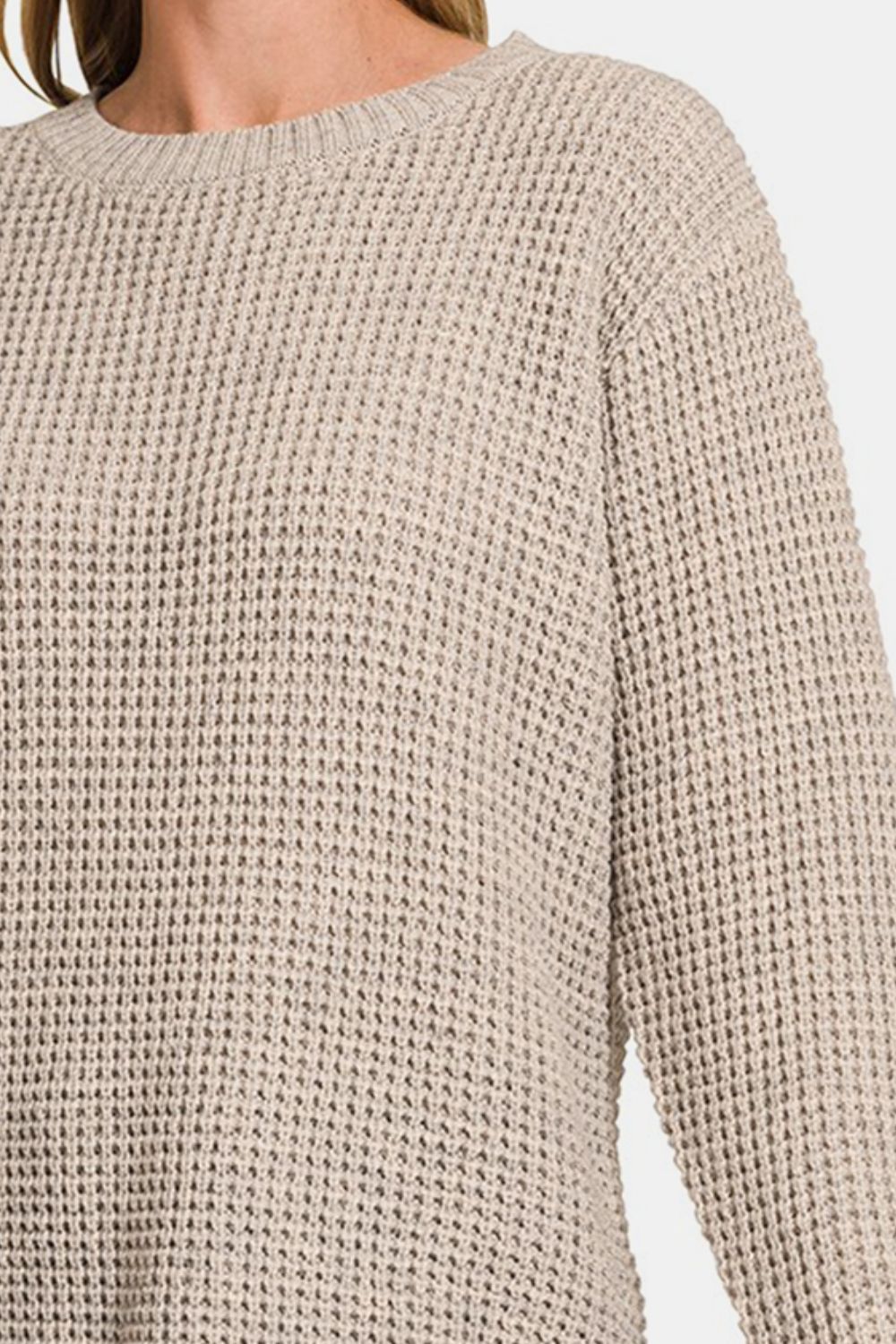 Zenana High Low Long Sleeve Waffle Sweater Top Trendsi