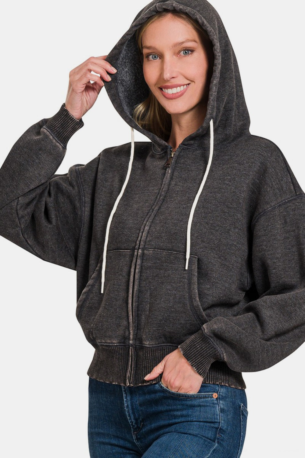 Zenana Acid Wash Fleece Zip-Up Cropped Hoodie - Kittybear Krafts