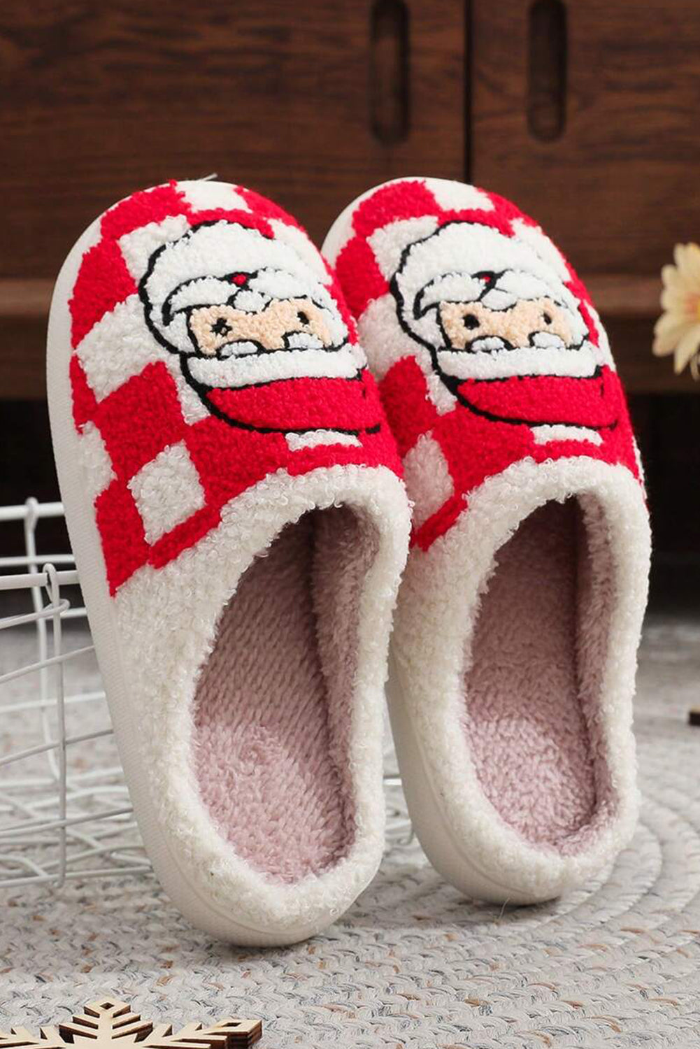 Fiery Red Checkered Christmas Santa Claus Graphic Plush Home Slippers Kittybear Krafts