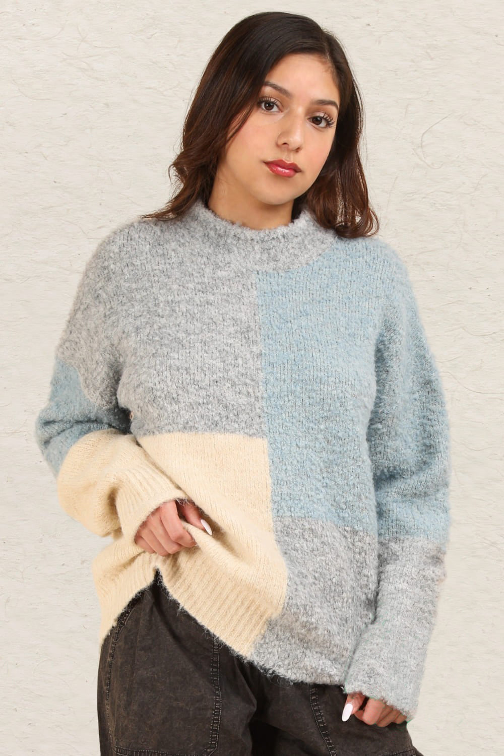 VERY J Color Block Mock Neck Drop Shoulder Sweater - Kittybear Krafts