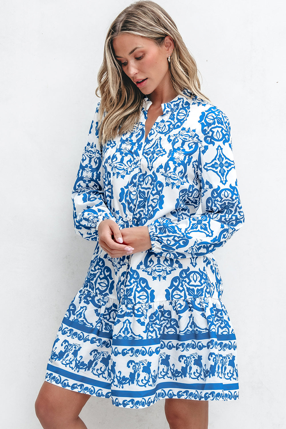 Sky Blue Tribal Print Button Up Notch Neck Loose Mini Dress Kittybear Krafts