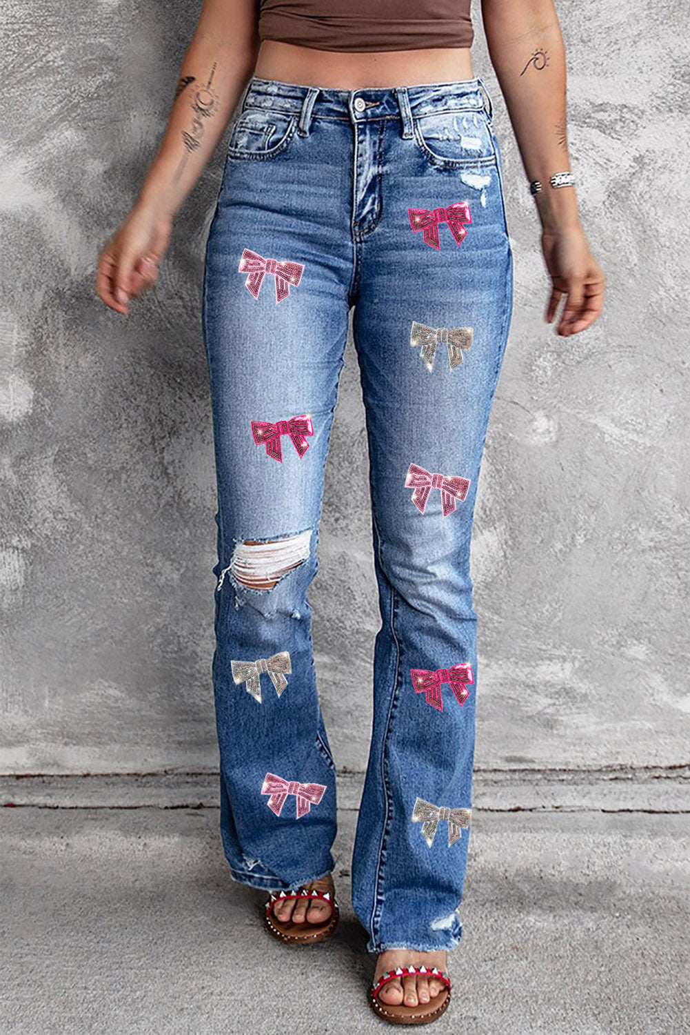 Sequin Bow Distressed Bootcut Jeans - Kittybear Krafts