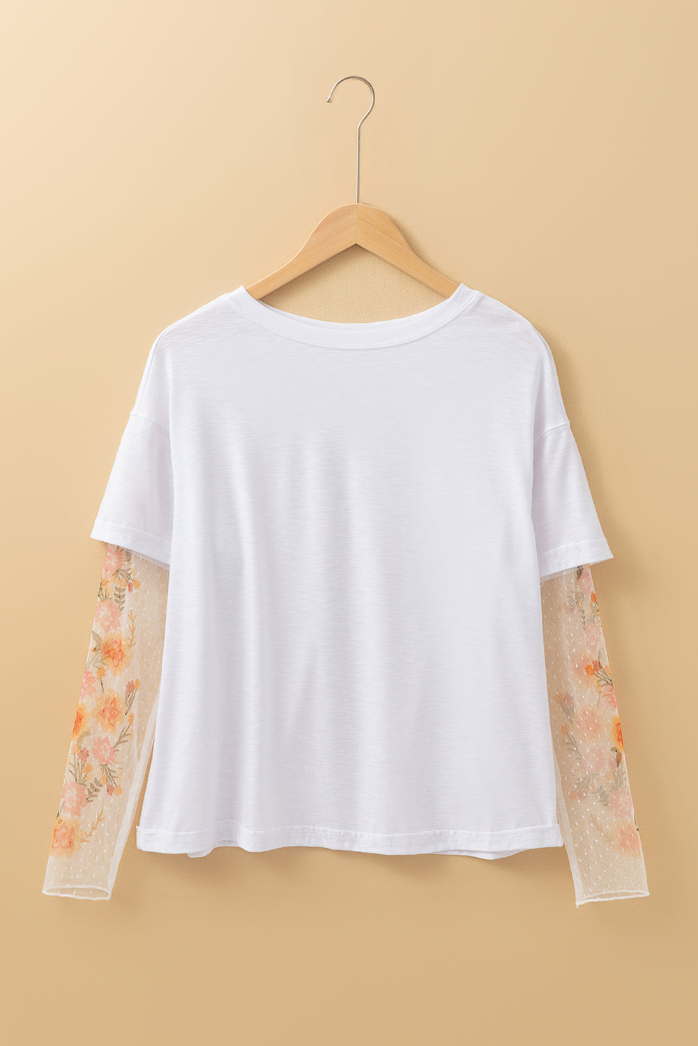 White Faux Two Piece Floral Long Sleeve Patchwork Tee