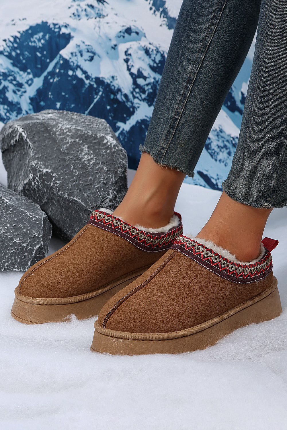 Chestnut Contrast Print Suede Plush Lined Snow Shoes Kittybear Krafts