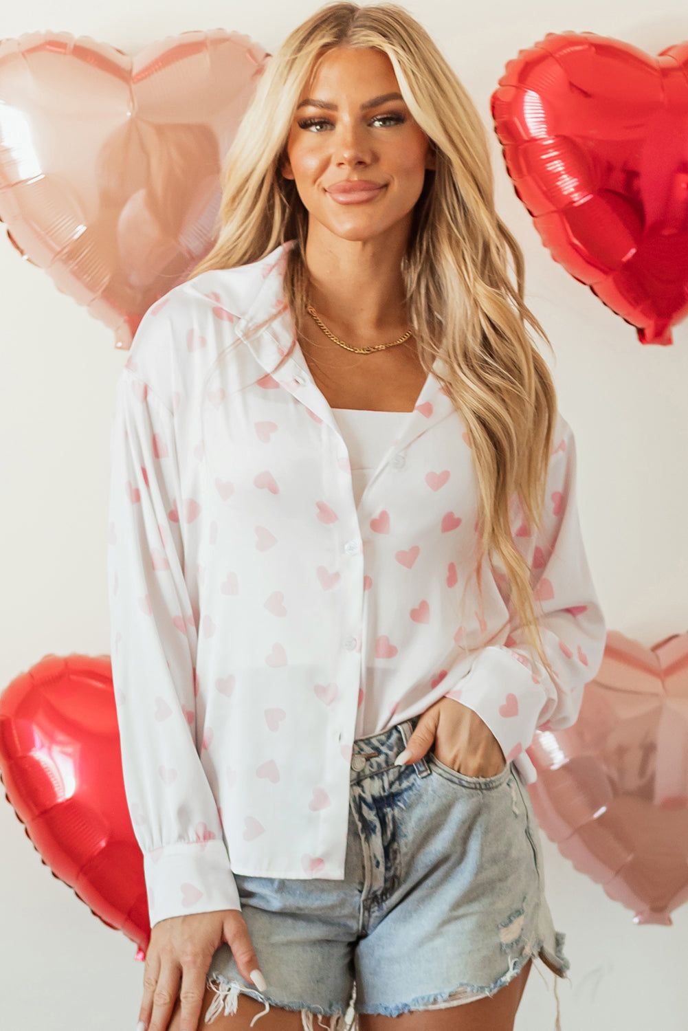 White Love Heart Print Drop Shoulder Puff Sleeve Top Kittybear Krafts