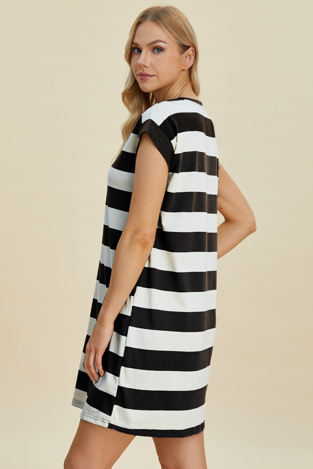 Striped Round Neck Cap Sleeve Mini Dress Trendsi