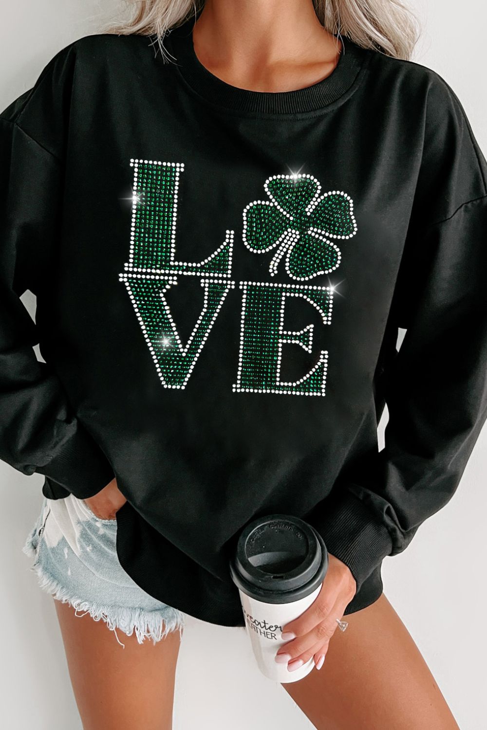 LOVE Rhinestone Clover Round Neck St. Patrick's Day Sweat shirt