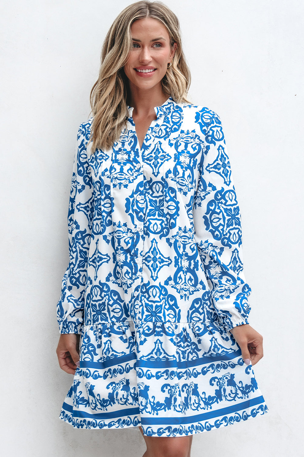 Sky Blue Tribal Print Button Up Notch Neck Loose Mini Dress Kittybear Krafts