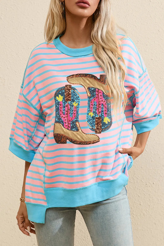 Sequin Boots Striped Western Round Neck Half Sleeve T-Shirt - Kittybear Krafts