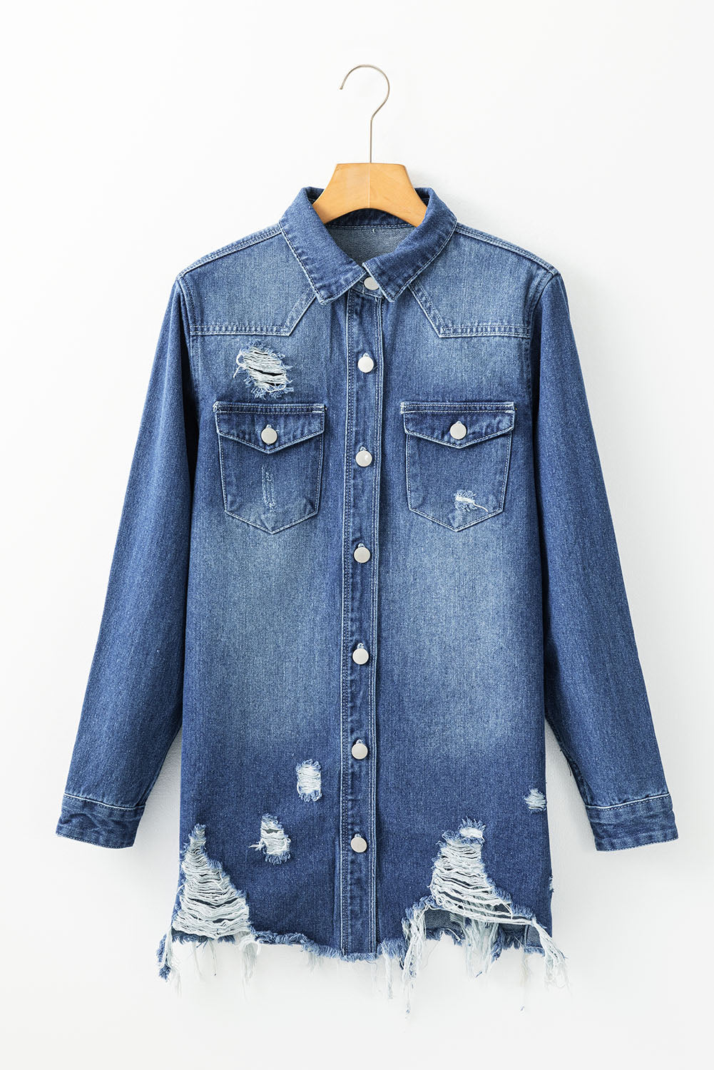 Blue Light Wash Country Distressed Frayed Long Denim Jacket Kittybear Krafts