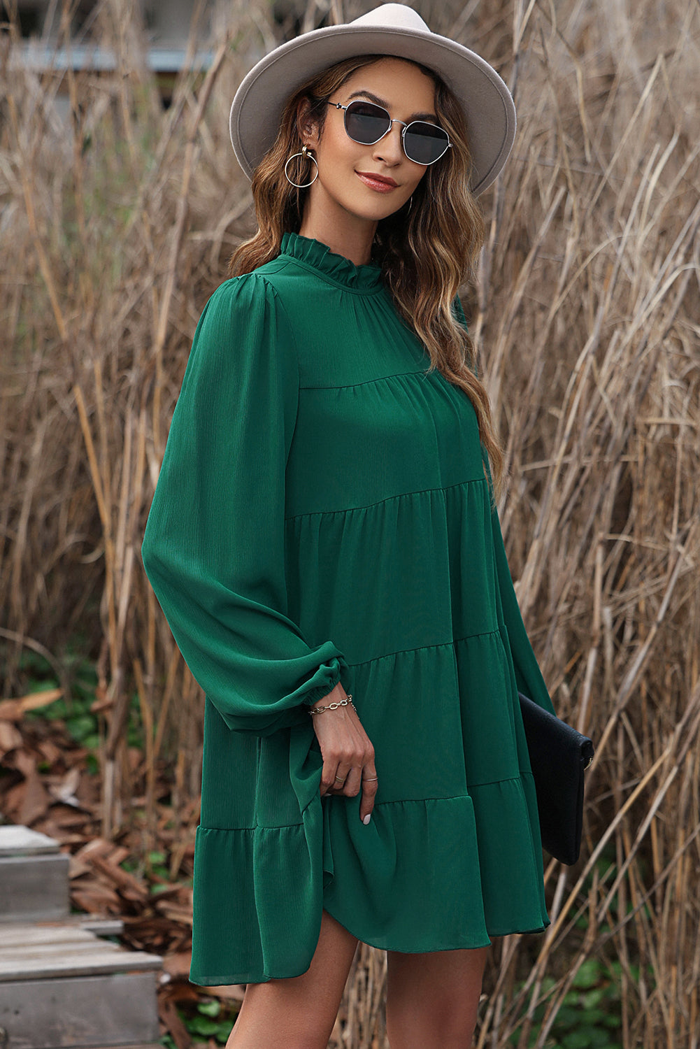 Green Puff Sleeve Mock Neck Back Knot Tiered Dress Kittybear Krafts