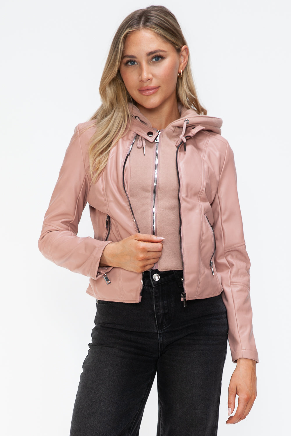 Snobbish Faux Leather Zip Up Drawstring Hooded Jacket Trendsi