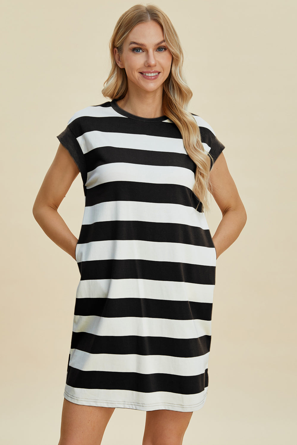 Striped Round Neck Cap Sleeve Mini Dress Trendsi