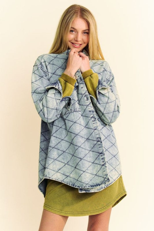 Davi & Dani Curved Hem Diamond Quilted Button Up Denim Shacket Trendsi