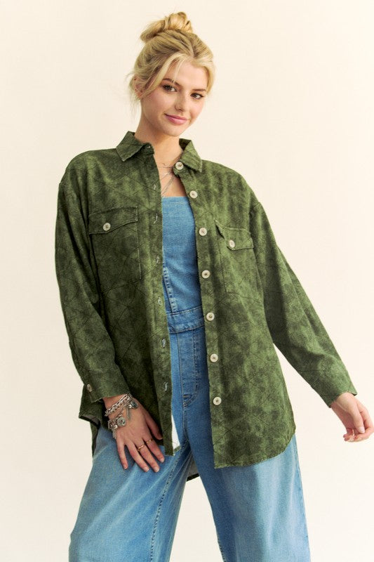 Davi & Dani Curved Hem Diamond Quilted Button Up Denim Shacket Trendsi