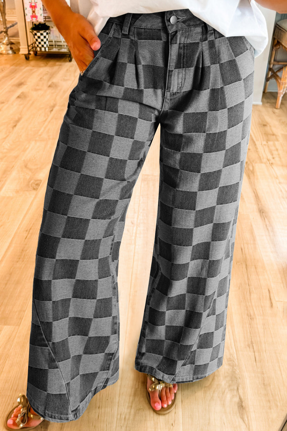 Dark Grey Checkered Denim Wide Leg Jeans Kittybear Krafts